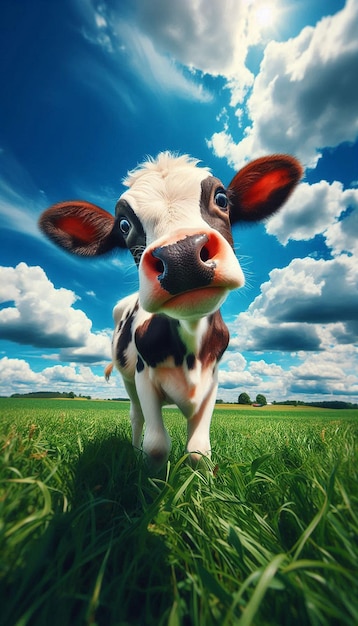 a cow is standing in a field with a sky background