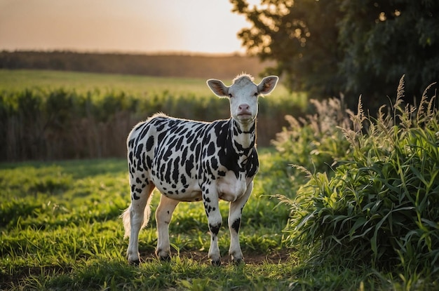 Photo a cow is standing in a field with a tag on its collar