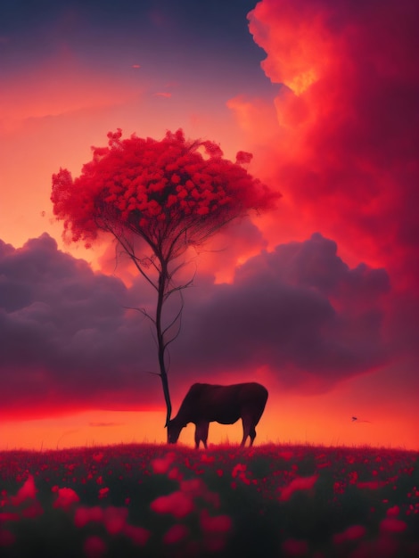 A cow is standing in a field with a tree in the foreground.