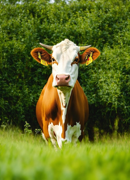 a cow is standing in a field with trees in the background