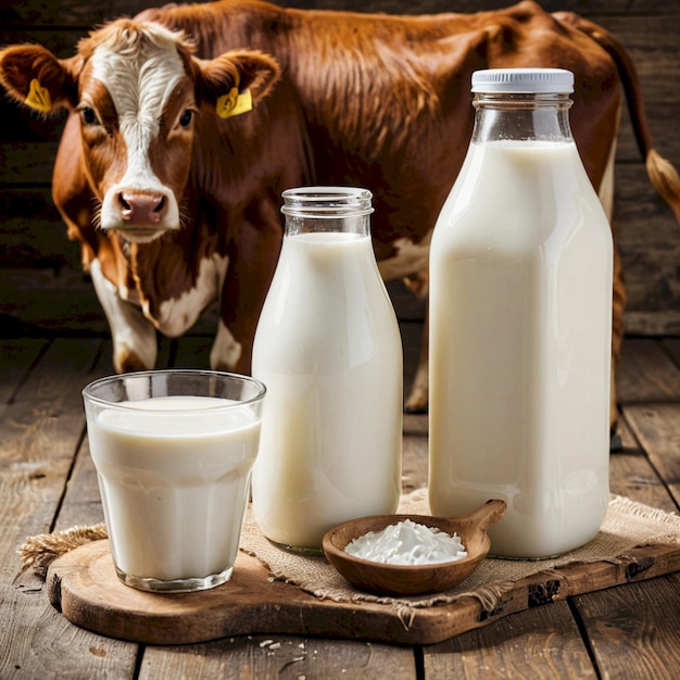 a cow is standing next to two bottles of milk