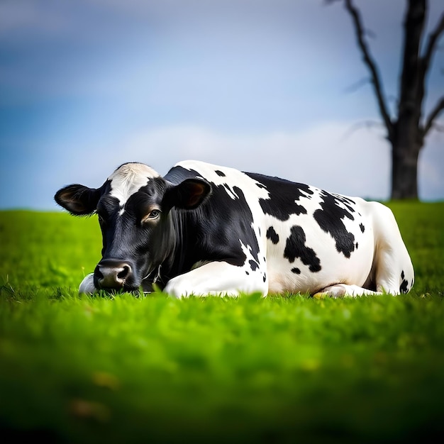 a cow laying in the grass with a tree in the background