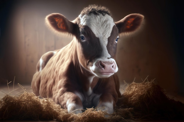 A cow laying on a hay bale with the word cow on it.