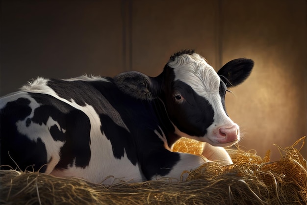 A cow laying on a hay bale with the word milk on it