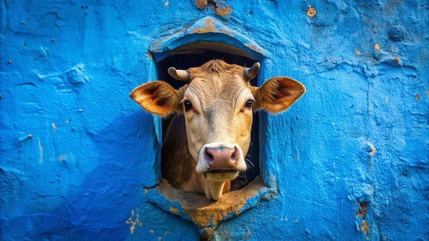 a cow looking out of a blue window with a blue wall behind it