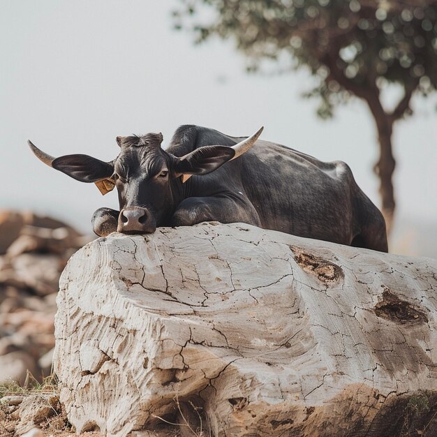 Photo cow lying on a lightcolored tree trunk gazing down