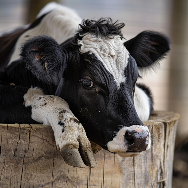 Photo cow lying on a lightcolored tree trunk gazing down