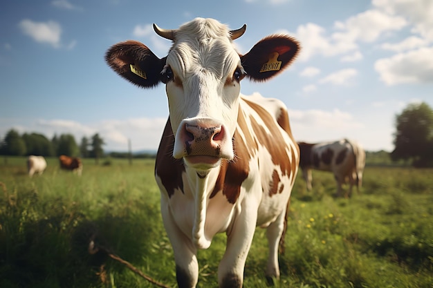 Cow on a meadow in the mountains at sunset closeup