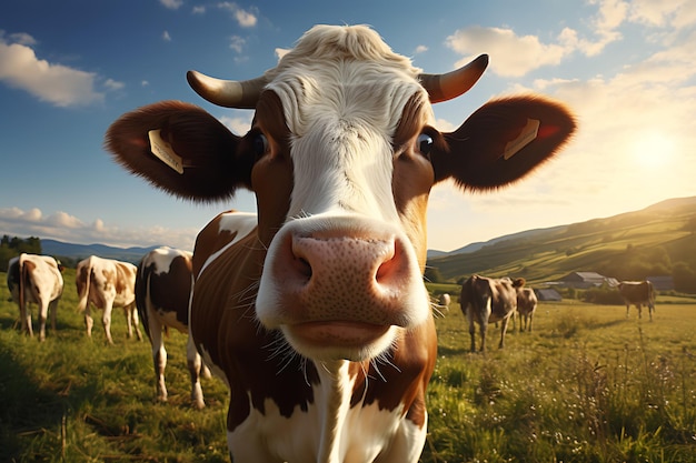 Cow on a meadow in the mountains at sunset closeup