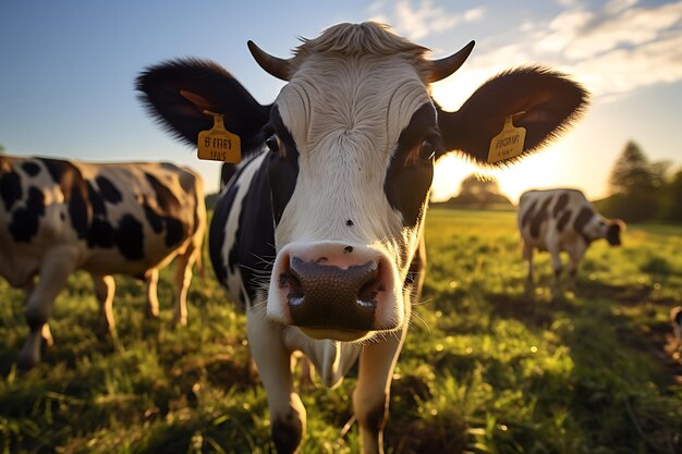 Cow on a meadow in the mountains at sunset closeup