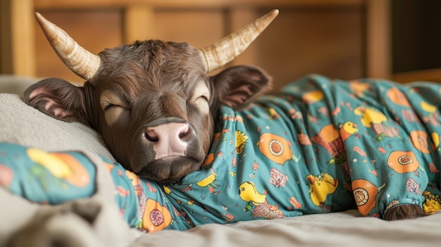 Photo cow peacefully sleeping under a colorful blanket in a cozy interior