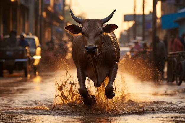 a cow running through a puddle of water