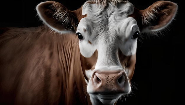 A cow's face is shown with a black background.