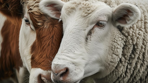 Photo a cow and a sheep are standing next to each other the cow is brown and the sheep is white they are both looking at the camera