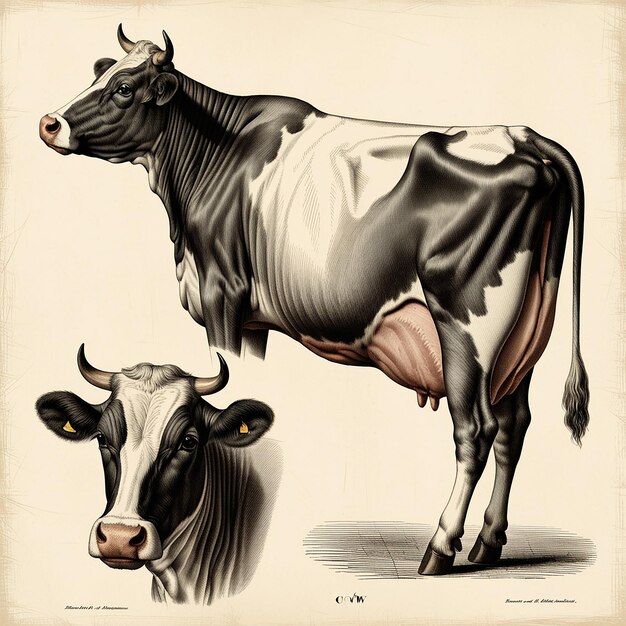 Photo cow side and front view vintage engraving