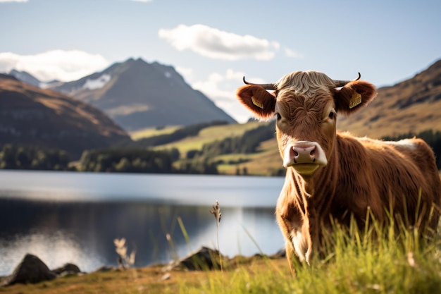 a cow standing in a field next to a lake