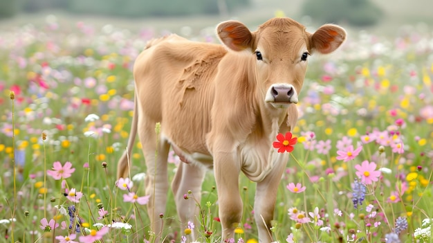 A cow standing in a meadow with wildflowers highlighting the natural beauty of farm life