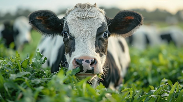 Cow standing in sunset field