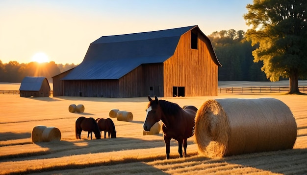 a cow stands in front of a barn with hay bales