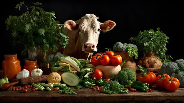 A cow on a table with vegetables