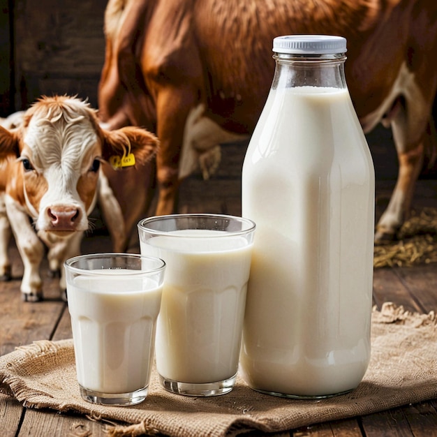 a cow and two glasses of milk are on a table