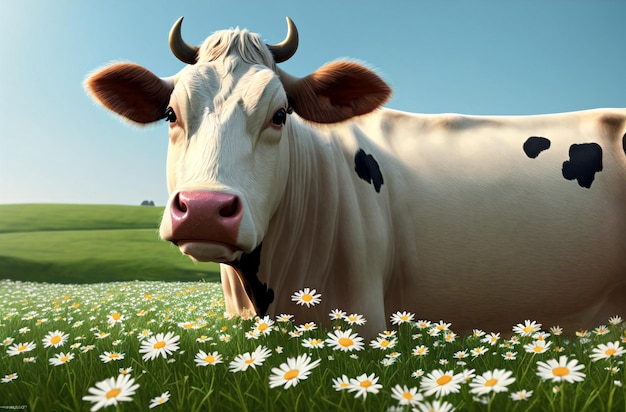 A cow on a walk in a field with daisies on a clear summer day