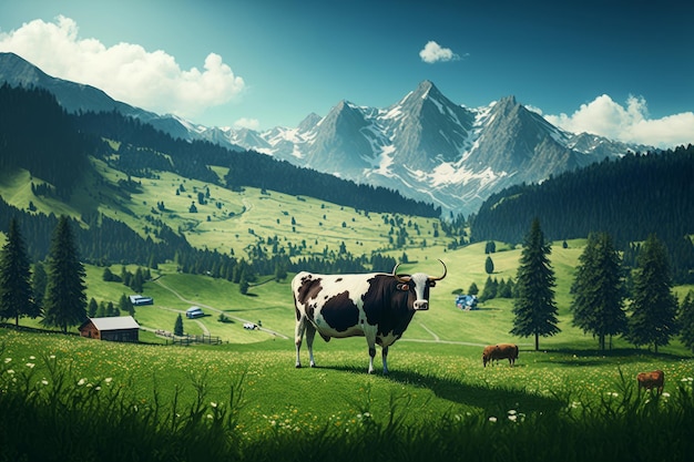 The cow walks in the summer green meadow Illustration AI Generative