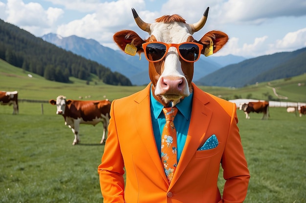 Photo a cow wearing a bright orange suit and sunglasses