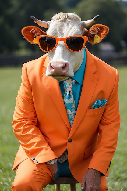 Photo a cow wearing a bright orange suit and sunglasses