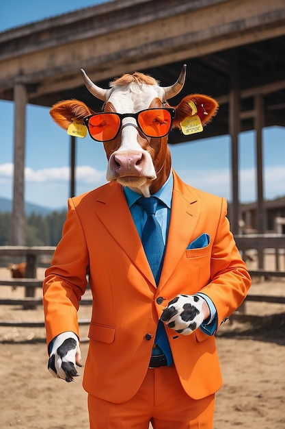 Photo a cow wearing a bright orange suit and sunglasses