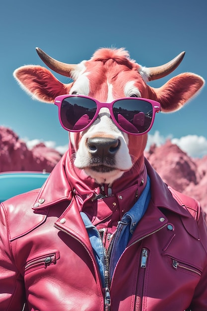 A cow wearing a bright orange suit and sunglasses