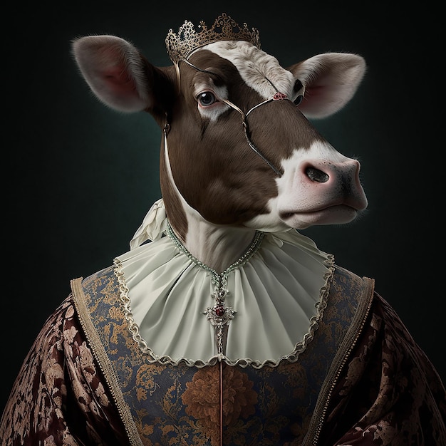 A cow wearing a crown is standing in a dress.