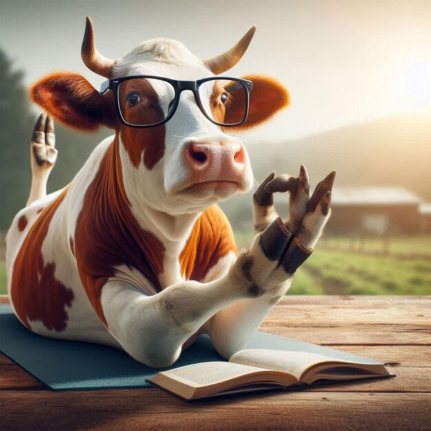 Photo a cow wearing glasses and a shirt reading a book