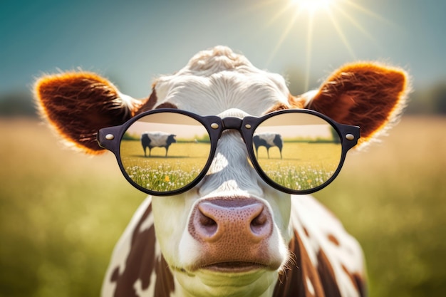 A cow wearing glasses that say'farm'on it