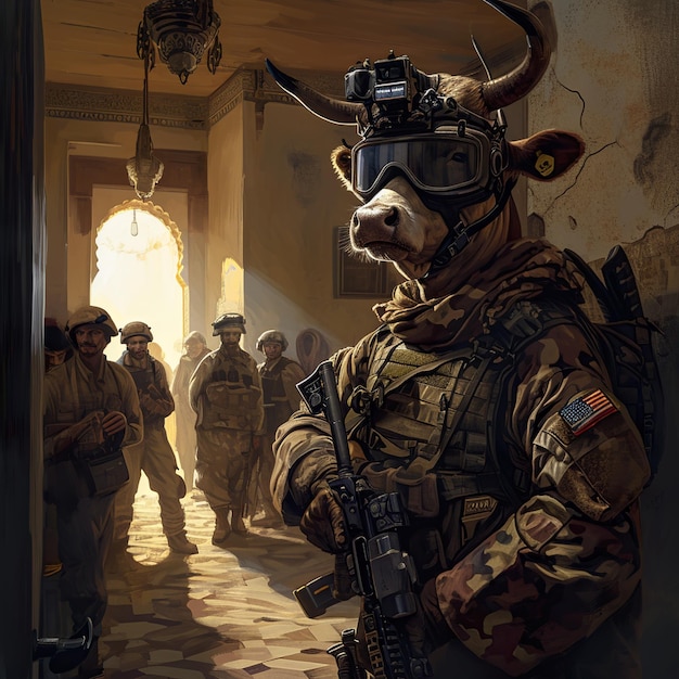 A cow wearing military body armor helmet and night vision goggles clearing a room