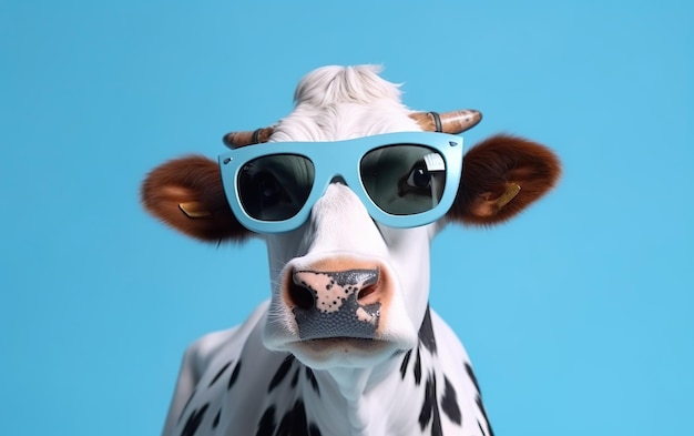 A cow wearing sunglasses and a blue background with the word cow on it.