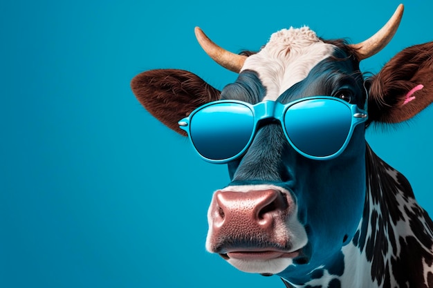 A cow wearing sunglasses and a blue and white cow wearing sunglasses.