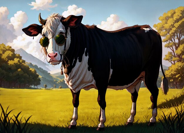 Cow wearing sunglasses on a green meadow Generative AI