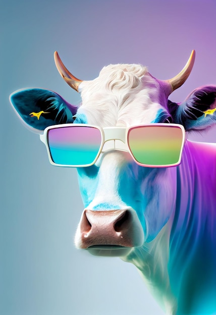 A cow wearing sunglasses is wearing a colorful rainbow colored cow.