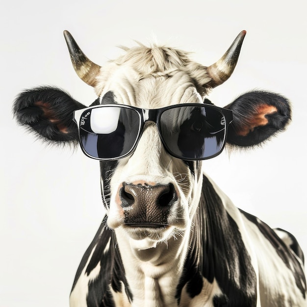 Photo a cow wearing sunglasses isolated on a white background bright lighting high detail humorous tone perfect for summer or leisurethemed ads v 6 job id e6bb9e9453fb4086b35ae899570f1c2a