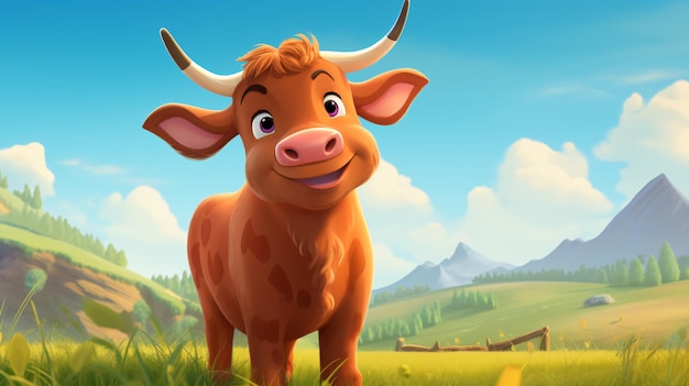 a cow with a big nose and a mountain in the background