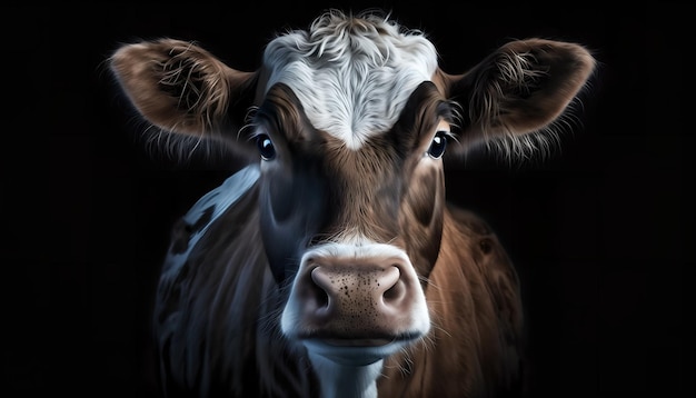 A cow with a black background and a white face.