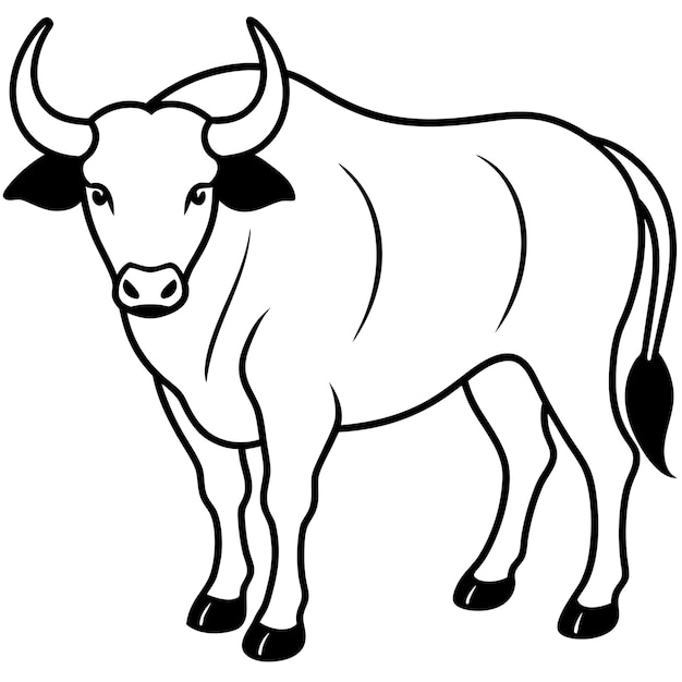 a cow with a black tail and a white background with a black outline