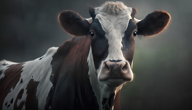 A cow with a black and white face is in a foggy forest.