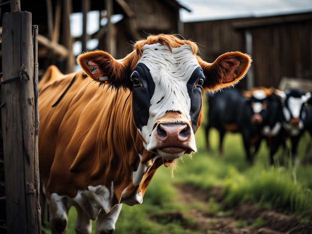 A cow with black and white markings on its face is standing in a field.