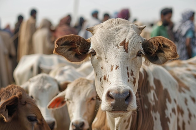 Photo a cow with brown spots on its face and a white face with brown spots on it