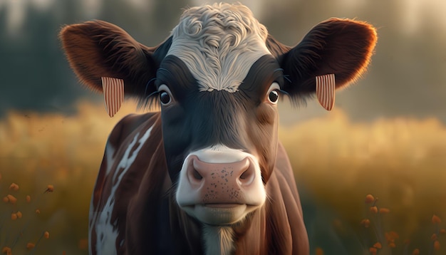 A cow with a brown and white face and a white face.