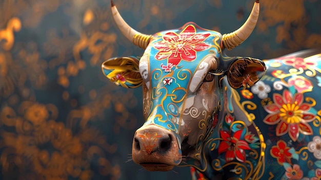 a cow with a colorful head and horns stands in a carnival Generative AI illustrations