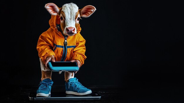 Photo a cow with a cow on his jacket is on a scale