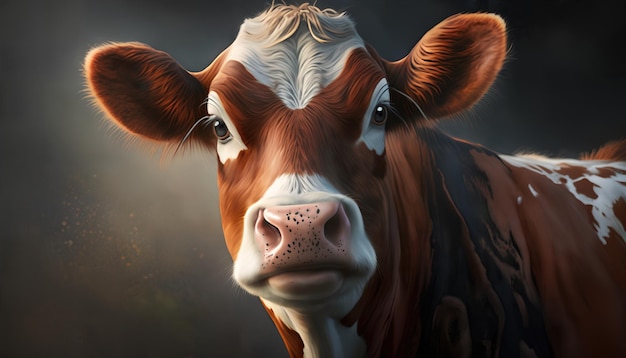 A cow with a dark background and a light on the face.